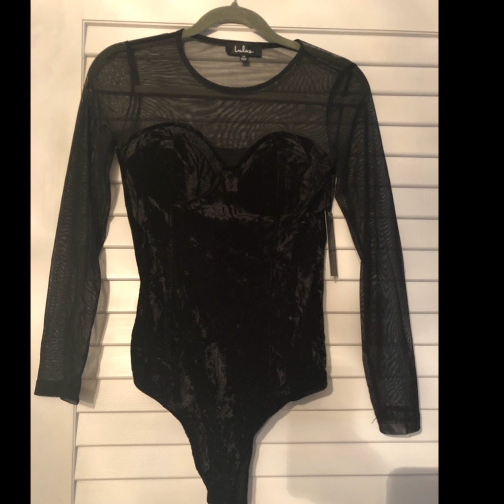 Lulus Medium: Long-sleeve Mesh Velvet Bodysuit